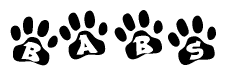 The image shows a series of animal paw prints arranged in a horizontal line. Each paw print contains a letter, and together they spell out the word Babs.