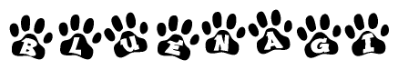 The image shows a series of animal paw prints arranged in a horizontal line. Each paw print contains a letter, and together they spell out the word Bluenagi.