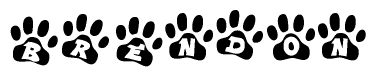 The image shows a series of animal paw prints arranged in a horizontal line. Each paw print contains a letter, and together they spell out the word Brendon.