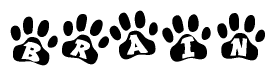 The image shows a series of animal paw prints arranged in a horizontal line. Each paw print contains a letter, and together they spell out the word Brain.