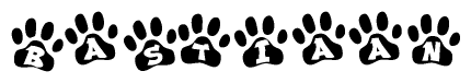 The image shows a series of animal paw prints arranged in a horizontal line. Each paw print contains a letter, and together they spell out the word Bastiaan.