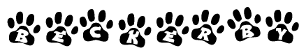 The image shows a series of animal paw prints arranged horizontally. Within each paw print, there's a letter; together they spell Beckerby