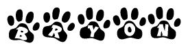 The image shows a row of animal paw prints, each containing a letter. The letters spell out the word Bryon within the paw prints.