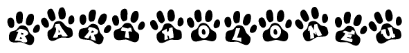 The image shows a row of animal paw prints, each containing a letter. The letters spell out the word Bartholomeu within the paw prints.