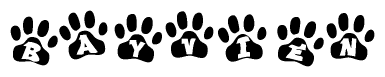 The image shows a series of animal paw prints arranged horizontally. Within each paw print, there's a letter; together they spell Bayvien