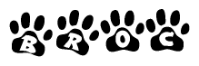 The image shows a series of animal paw prints arranged horizontally. Within each paw print, there's a letter; together they spell Broc