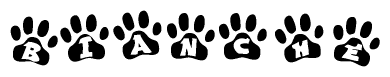 The image shows a row of animal paw prints, each containing a letter. The letters spell out the word Bianche within the paw prints.