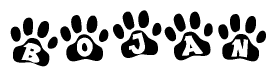 The image shows a row of animal paw prints, each containing a letter. The letters spell out the word Bojan within the paw prints.