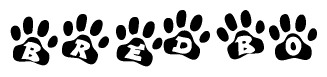 The image shows a row of animal paw prints, each containing a letter. The letters spell out the word Bredbo within the paw prints.