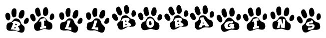 The image shows a series of animal paw prints arranged in a horizontal line. Each paw print contains a letter, and together they spell out the word Billbobagins.