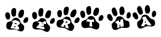 The image shows a series of animal paw prints arranged in a horizontal line. Each paw print contains a letter, and together they spell out the word Bertha.