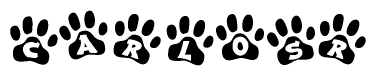 The image shows a series of animal paw prints arranged in a horizontal line. Each paw print contains a letter, and together they spell out the word Carlosr.