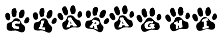 The image shows a row of animal paw prints, each containing a letter. The letters spell out the word Claraghi within the paw prints.