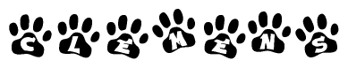 The image shows a row of animal paw prints, each containing a letter. The letters spell out the word Clemens within the paw prints.