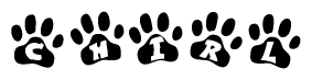 The image shows a row of animal paw prints, each containing a letter. The letters spell out the word Chirl within the paw prints.