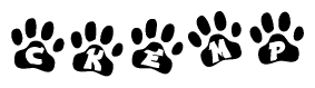 The image shows a series of animal paw prints arranged horizontally. Within each paw print, there's a letter; together they spell Ckemp