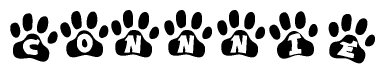 The image shows a row of animal paw prints, each containing a letter. The letters spell out the word Connnie within the paw prints.