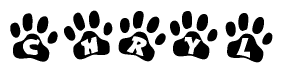 The image shows a series of animal paw prints arranged horizontally. Within each paw print, there's a letter; together they spell Chryl