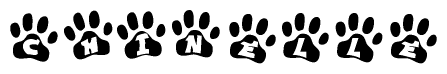 The image shows a row of animal paw prints, each containing a letter. The letters spell out the word Chinelle within the paw prints.