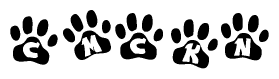 The image shows a series of animal paw prints arranged horizontally. Within each paw print, there's a letter; together they spell Cmckn