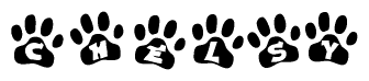 The image shows a series of animal paw prints arranged horizontally. Within each paw print, there's a letter; together they spell Chelsy