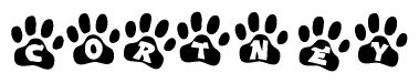 The image shows a row of animal paw prints, each containing a letter. The letters spell out the word Cortney within the paw prints.