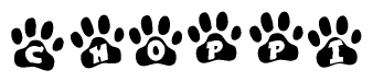 The image shows a row of animal paw prints, each containing a letter. The letters spell out the word Choppi within the paw prints.