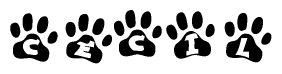 The image shows a row of animal paw prints, each containing a letter. The letters spell out the word Cecil within the paw prints.