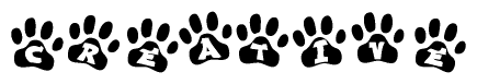 The image shows a row of animal paw prints, each containing a letter. The letters spell out the word Creative within the paw prints.