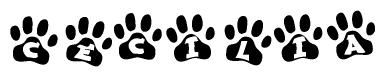 The image shows a series of animal paw prints arranged in a horizontal line. Each paw print contains a letter, and together they spell out the word Cecilia.