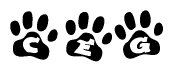 The image shows a series of animal paw prints arranged horizontally. Within each paw print, there's a letter; together they spell Ceg