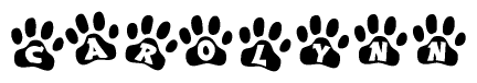 The image shows a series of animal paw prints arranged horizontally. Within each paw print, there's a letter; together they spell Carolynn