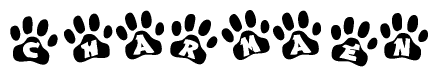 The image shows a series of animal paw prints arranged horizontally. Within each paw print, there's a letter; together they spell Charmaen