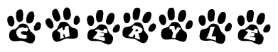 The image shows a series of animal paw prints arranged horizontally. Within each paw print, there's a letter; together they spell Cheryle