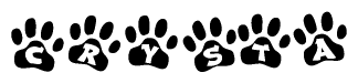 The image shows a series of animal paw prints arranged horizontally. Within each paw print, there's a letter; together they spell Crysta
