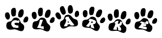 The image shows a row of animal paw prints, each containing a letter. The letters spell out the word Clarke within the paw prints.