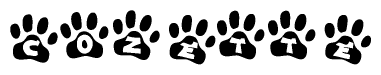 The image shows a row of animal paw prints, each containing a letter. The letters spell out the word Cozette within the paw prints.