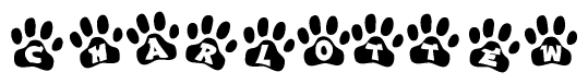 The image shows a row of animal paw prints, each containing a letter. The letters spell out the word Charlottew within the paw prints.