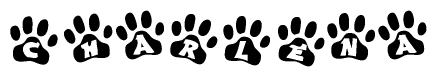 The image shows a series of animal paw prints arranged horizontally. Within each paw print, there's a letter; together they spell Charlena