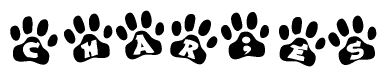 The image shows a series of animal paw prints arranged horizontally. Within each paw print, there's a letter; together they spell Char;es