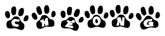 The image shows a series of animal paw prints arranged in a horizontal line. Each paw print contains a letter, and together they spell out the word Cheong.