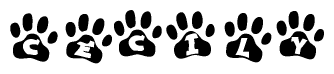 The image shows a series of animal paw prints arranged in a horizontal line. Each paw print contains a letter, and together they spell out the word Cecily.
