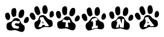 The image shows a series of animal paw prints arranged in a horizontal line. Each paw print contains a letter, and together they spell out the word Catina.