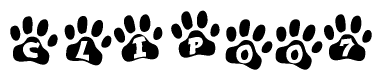 The image shows a row of animal paw prints, each containing a letter. The letters spell out the word Clip007 within the paw prints.
