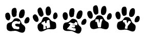 The image shows a row of animal paw prints, each containing a letter. The letters spell out the word Chevy within the paw prints.