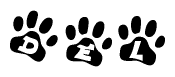 The image shows a series of animal paw prints arranged in a horizontal line. Each paw print contains a letter, and together they spell out the word Del.