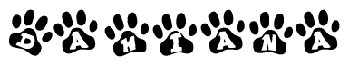 The image shows a row of animal paw prints, each containing a letter. The letters spell out the word Dahiana within the paw prints.