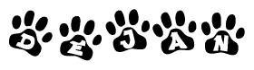 The image shows a series of animal paw prints arranged horizontally. Within each paw print, there's a letter; together they spell Dejan