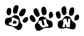 The image shows a series of animal paw prints arranged in a horizontal line. Each paw print contains a letter, and together they spell out the word Dun.