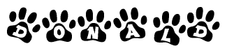 The image shows a row of animal paw prints, each containing a letter. The letters spell out the word Donald within the paw prints.